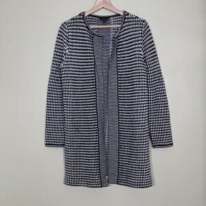 Talbots Cardigan Womens M Black White Geo Pattern LS Merino Wool Open Front Boho